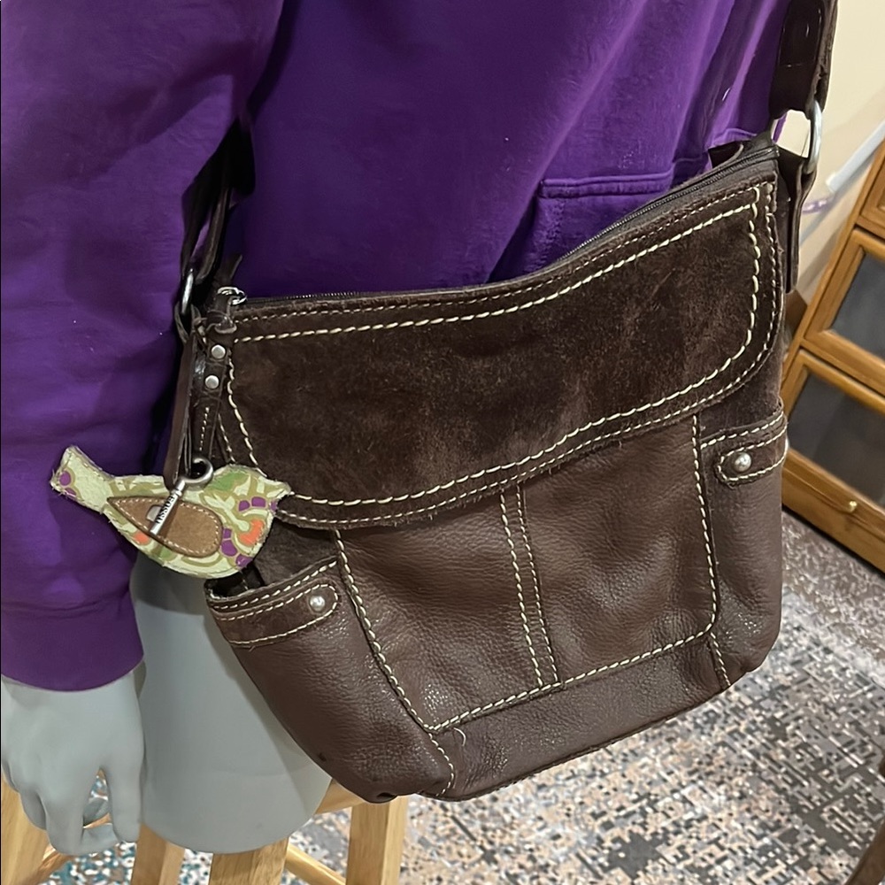 Fossil Y2K Vintage Brown Crossbody Leather Women’s Bag with Bird and Key